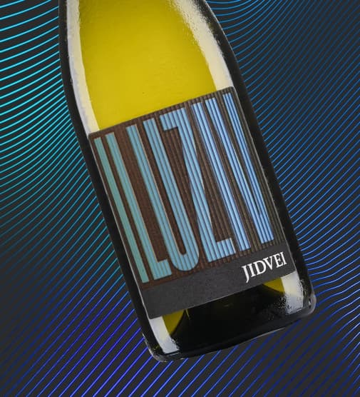 Eticheta Iluziv · varianta albastră, Jidvei, produsă de Flexo