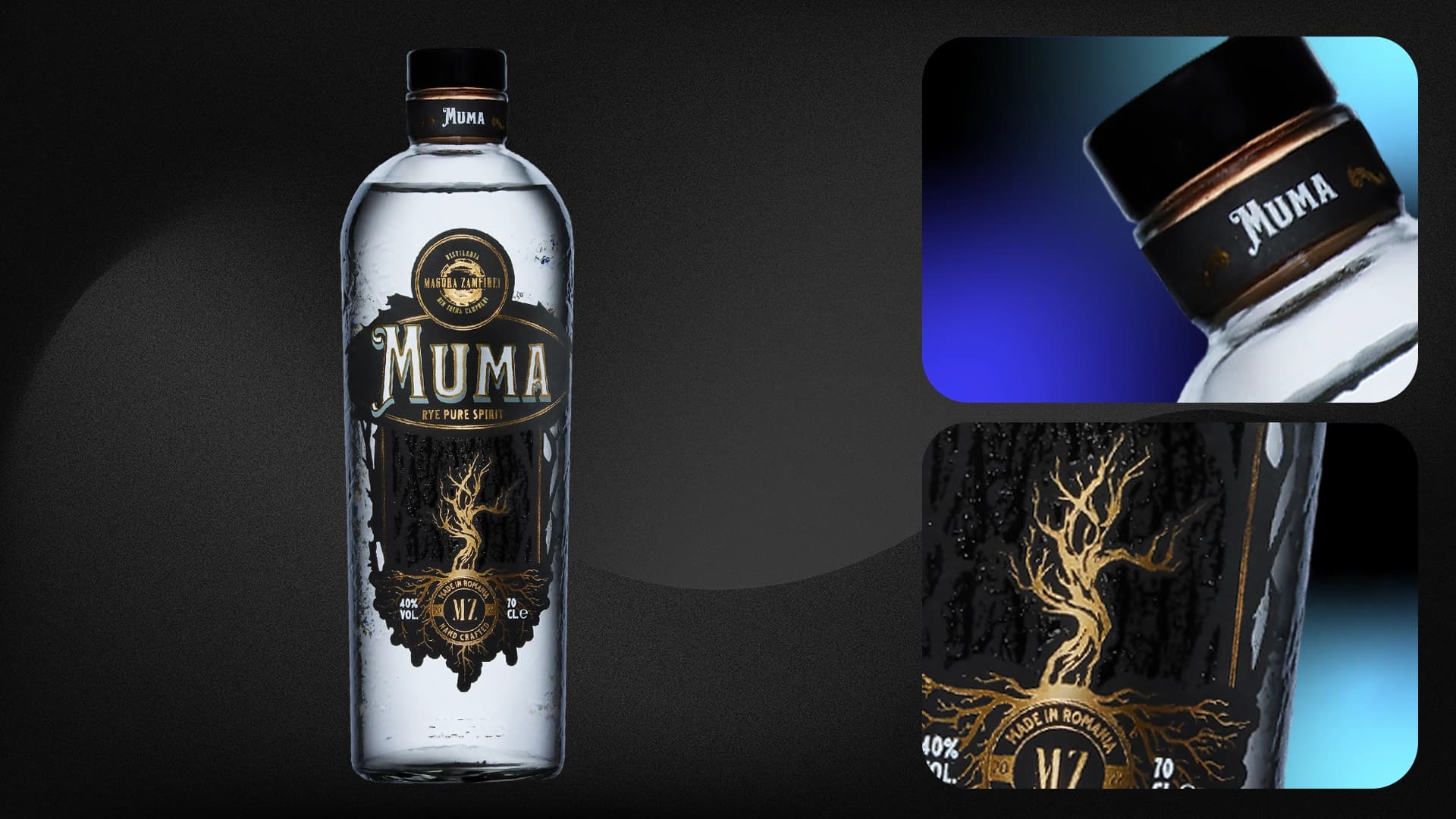 Muma Rye Spirit — etichetă cu foil, emboss și serigrafie, din portofoliul Flexo